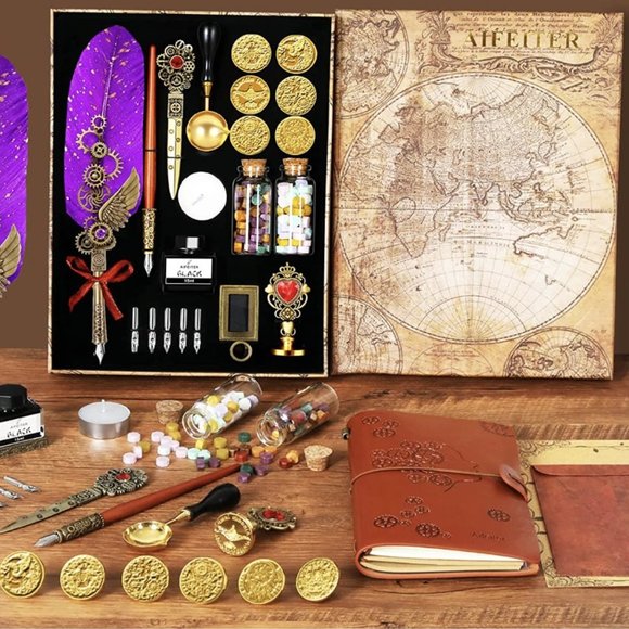 Feather Quill Pen Ink Set Wax Seal Stamp Leather Notebook Calligraphy - Picture 1 of 7